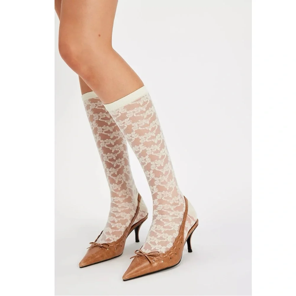 Free People Amour Lace Knee High Socks White Ivory NWT Dainty Ethereal Coquette